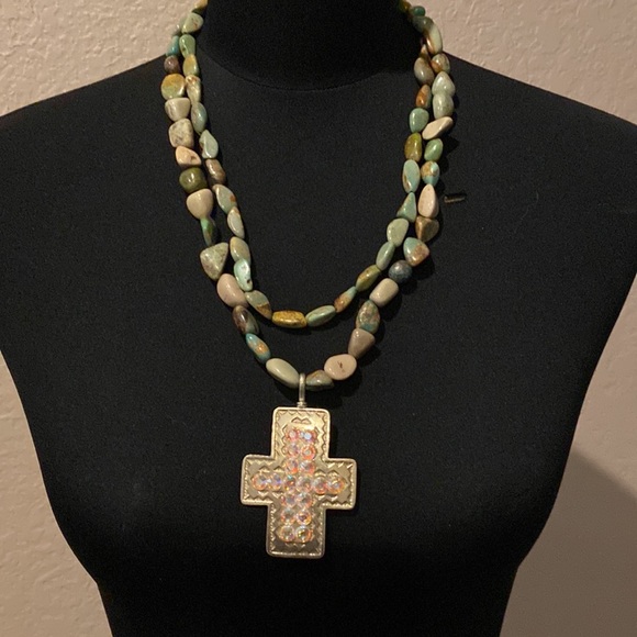Double Genuine Turquoise Necklace 2 Cross Pendants Cowgirl Western Vintage - Picture 2 of 13